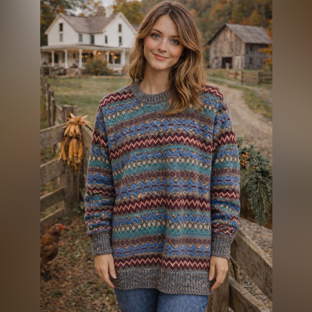 Vintage Multicolor jacquard Patterned fair isle crewneck Sweater